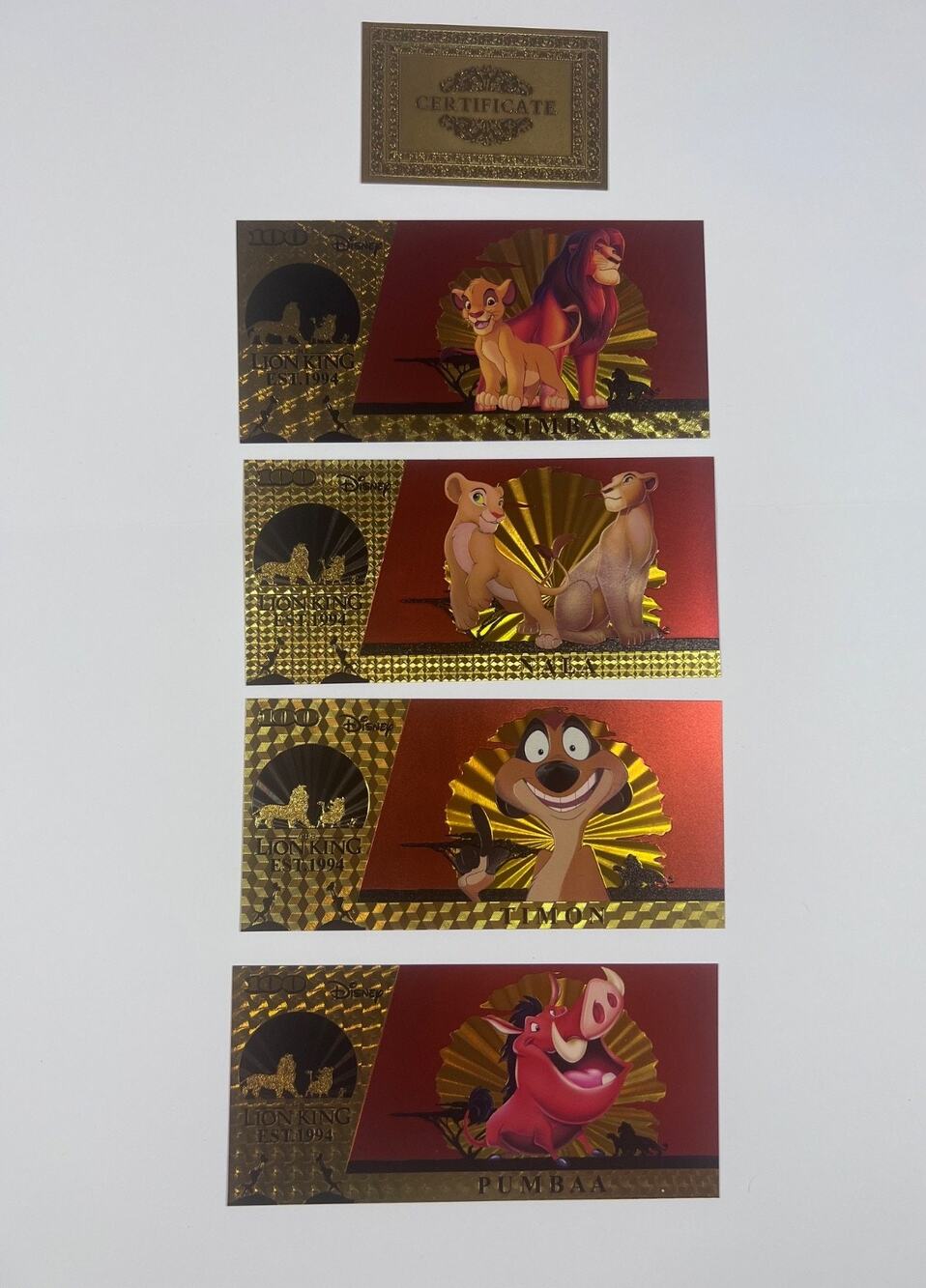 24k Gold Foil Plated The Lion King 4 Banknote Set Disney Collectible